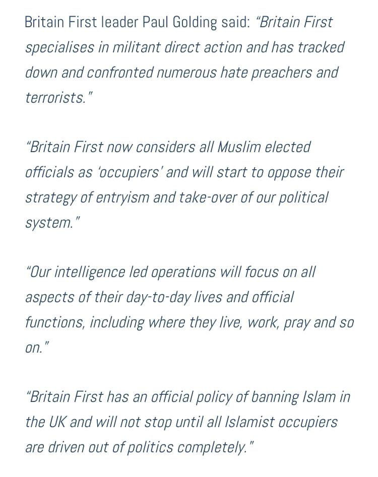 Britain First's threat to Muslim elected representatives