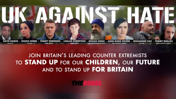 Publicity material for the Manchester “UK Against Hate” demo from “alt-right” Rebel Media