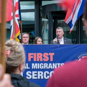 Britain First leader Paul Golding addresses a Britain First demo