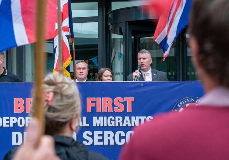 Britain First leader Paul Golding addresses a Britain First demo