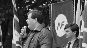 Martin Webster and Andrew Brons share a National Front platform, London 1981 (photo: David Hoffman)