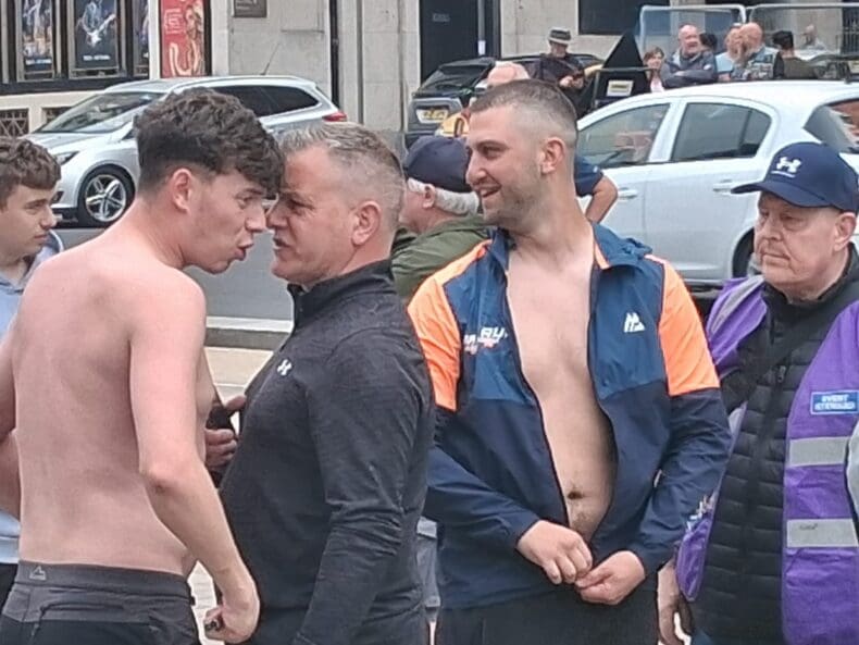 Ben Walker, UKIP CHarman, berates one of his own supprters for foolish attack on anti-fascists, 23 Aug 2025