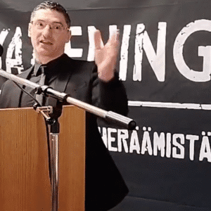 Collett speaks at nazi conference in Finland earlier this year – he won’t be going again for some time