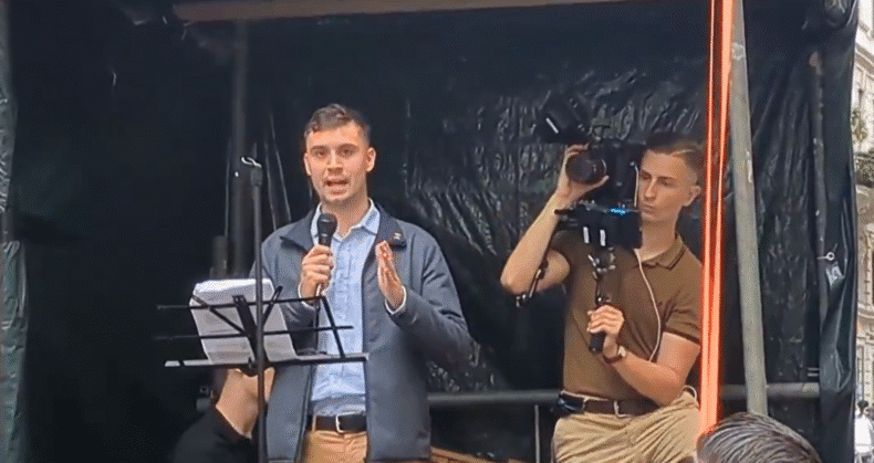 Martin Kuziel, Homeland Party, addresses demonstration in Vienna
