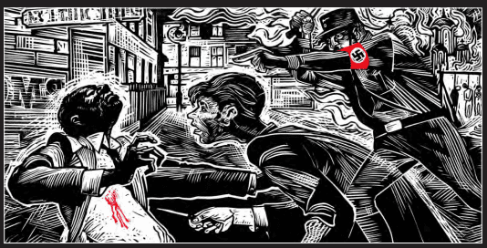 Ken Sprague woodcut of murder of Kelso Cochrane