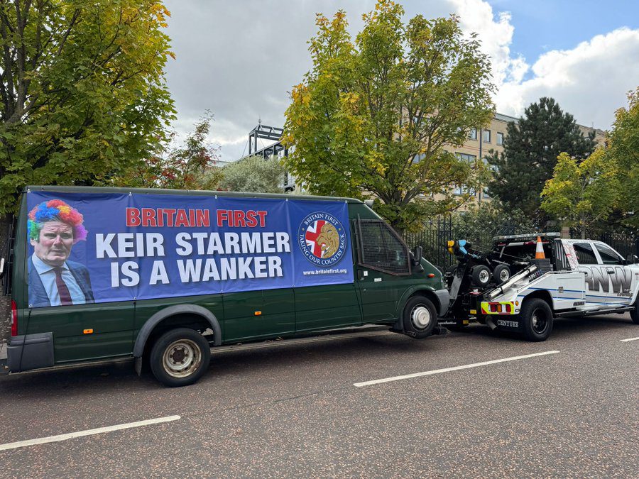 Golding ignores police warning and Britain First ‘battle bus’ is seized at Labour conference