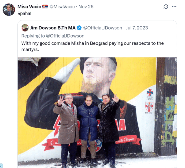 "Brothers!" says 'Russian agent' Misa Vivac as he reposts this, from 2023, shortly after the Madrid conference: left, Jim Dowson, right, Nick Griffin