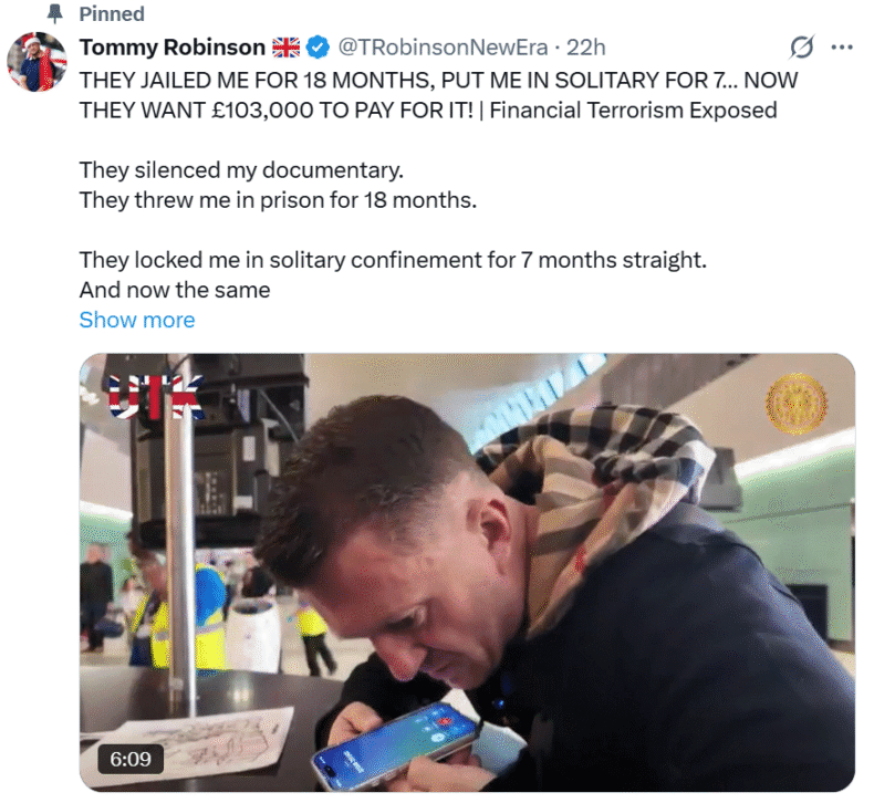 Tommy Robinson being told he has to pay £103,000