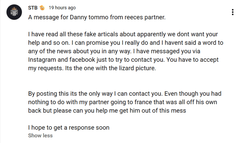 Post from Reece Grant's partner