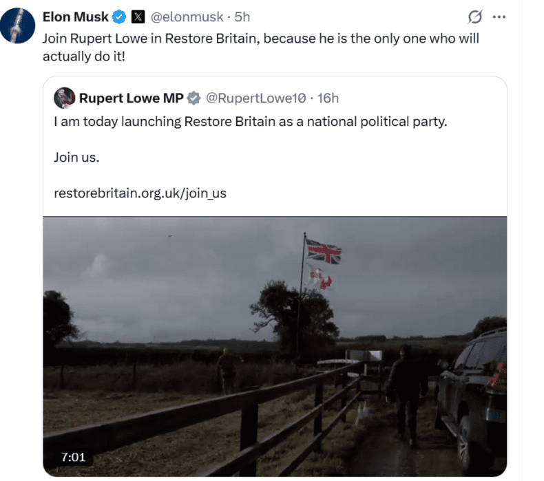 Elon Musk supports Rupert Lowe