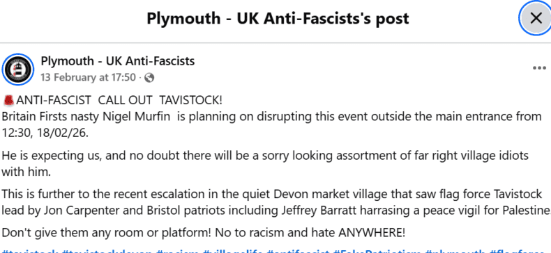 Plymouth anti-fascists call for defence of Tavistock Together fundraiser