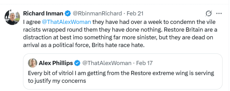 Richard Inman attacks Restore ethno nats