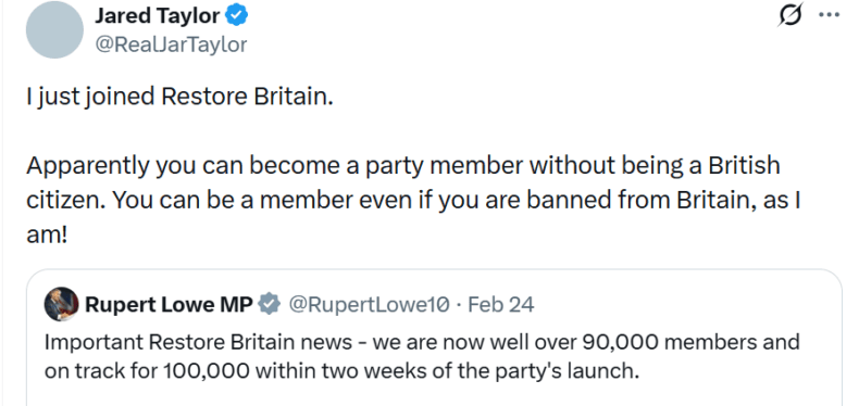 Jared Taylor posts he has joined Restore