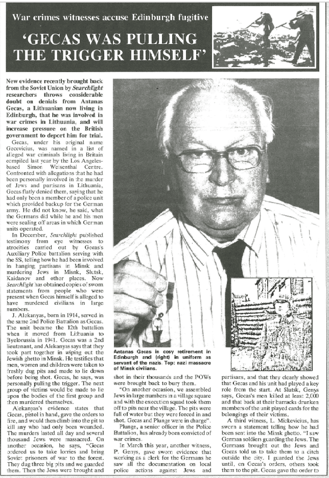 Antanas Gecas accusations from Searchlight 1987