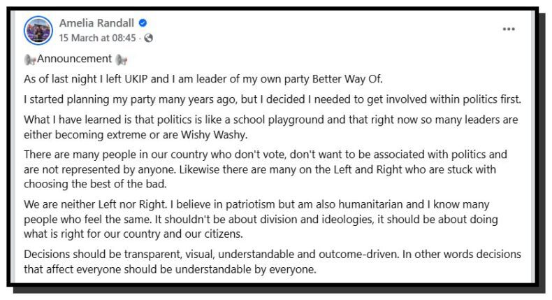 Amelia Randall sets up her own party