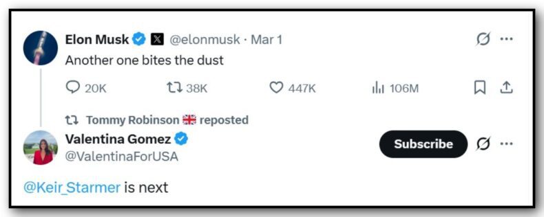 Elon Musk tweet reposted by Robinson