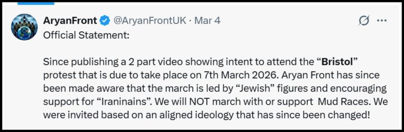 Aryan Front withdraws from Bristol patriots march 7 march 2026