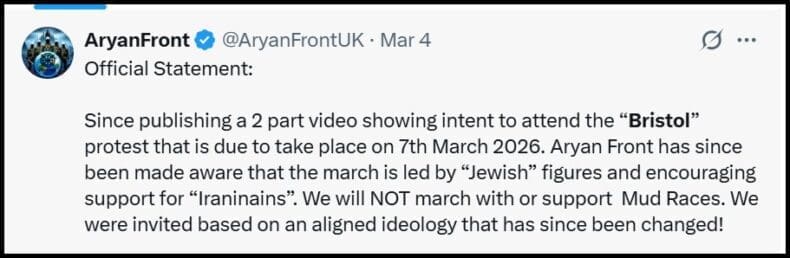 Aryan Front withdraws from Bristol patriots march 7 march 2026