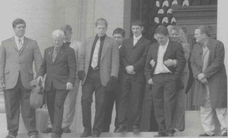 Nick Griffin and mark Collett at American renaissance conference 2006 with Klansmen Don Black (far left) and David Duke (4th from left)